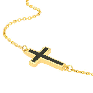 14K Yellow Gold Black Enamel Sideways Cross Necklace