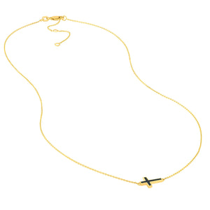 14K Yellow Gold Black Enamel Sideways Cross Necklace