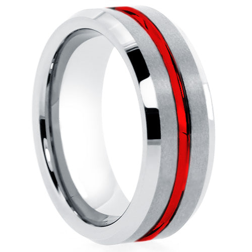 Silver Tungsten Ring With Red Line