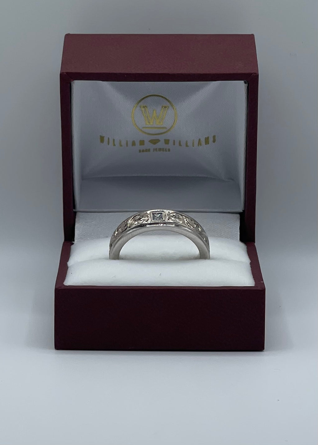 Hand Engraved Scroll Pattern Men's Diamond Ring/Wedding Band in 14k White Gold
