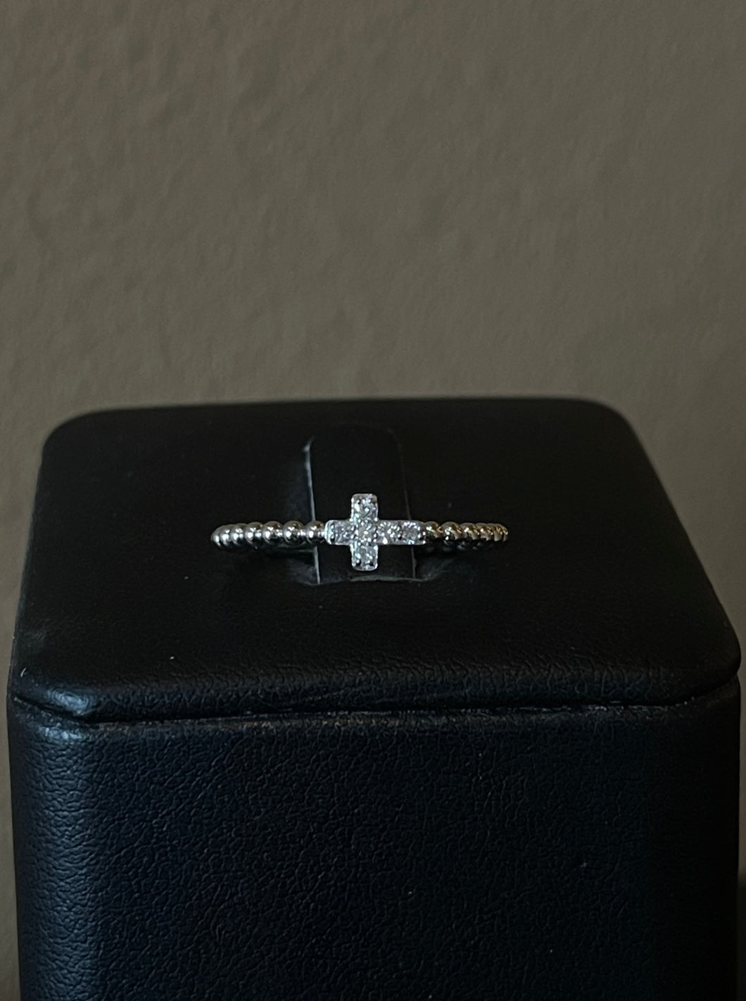 14k White Gold Diamond Beaded Cross Ring - Elegant Faith-Inspired Jewelry