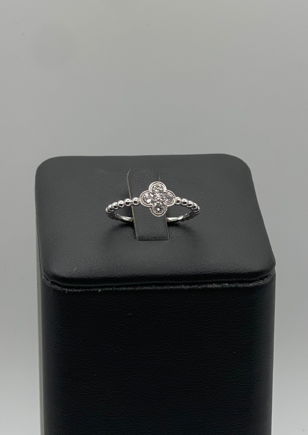 14k White Gold Diamond Quatrefoil Ring - Beaded Band Design with Intricate Detailing