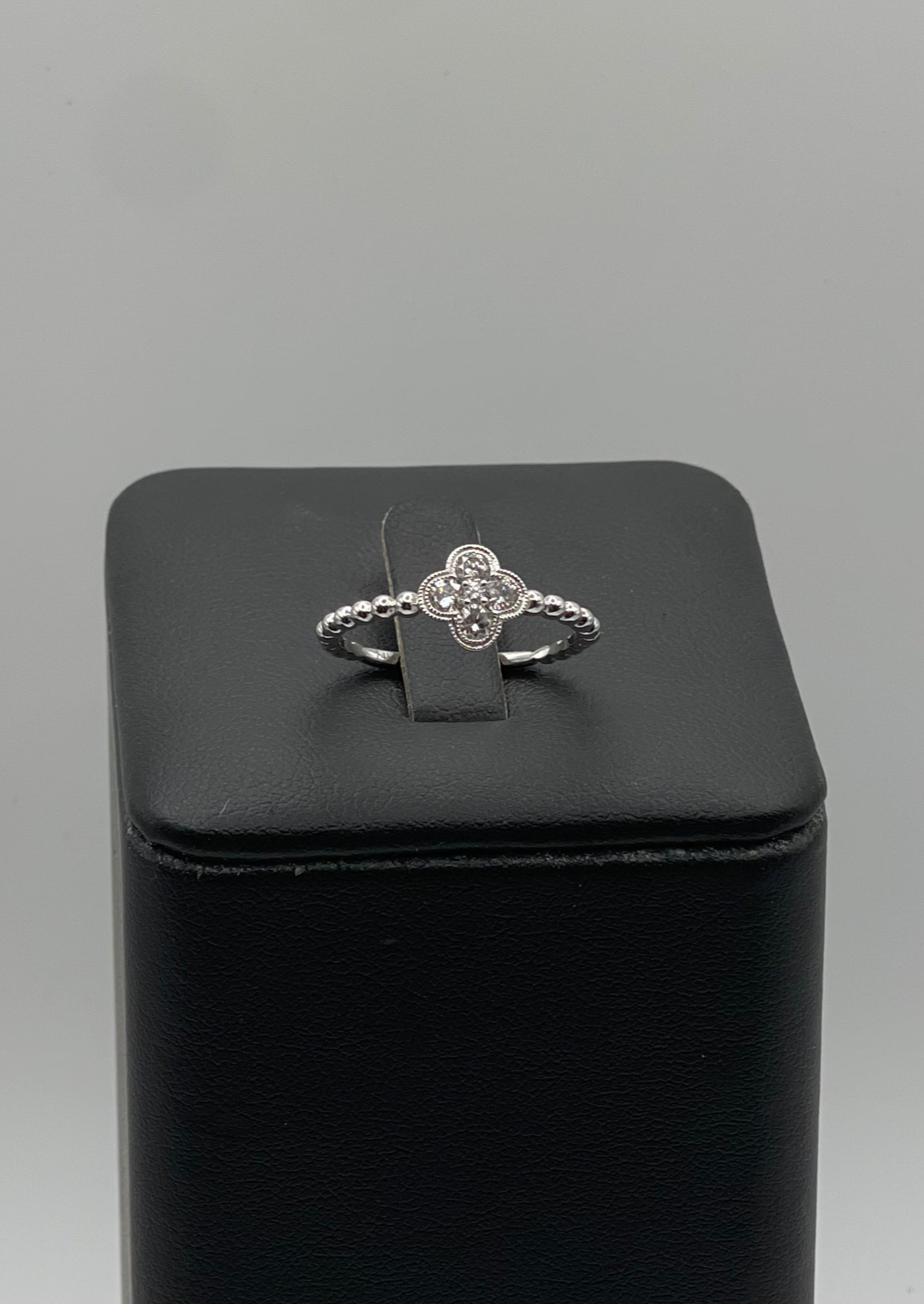 14k White Gold Diamond Quatrefoil Ring - Beaded Band Design with Intricate Detailing