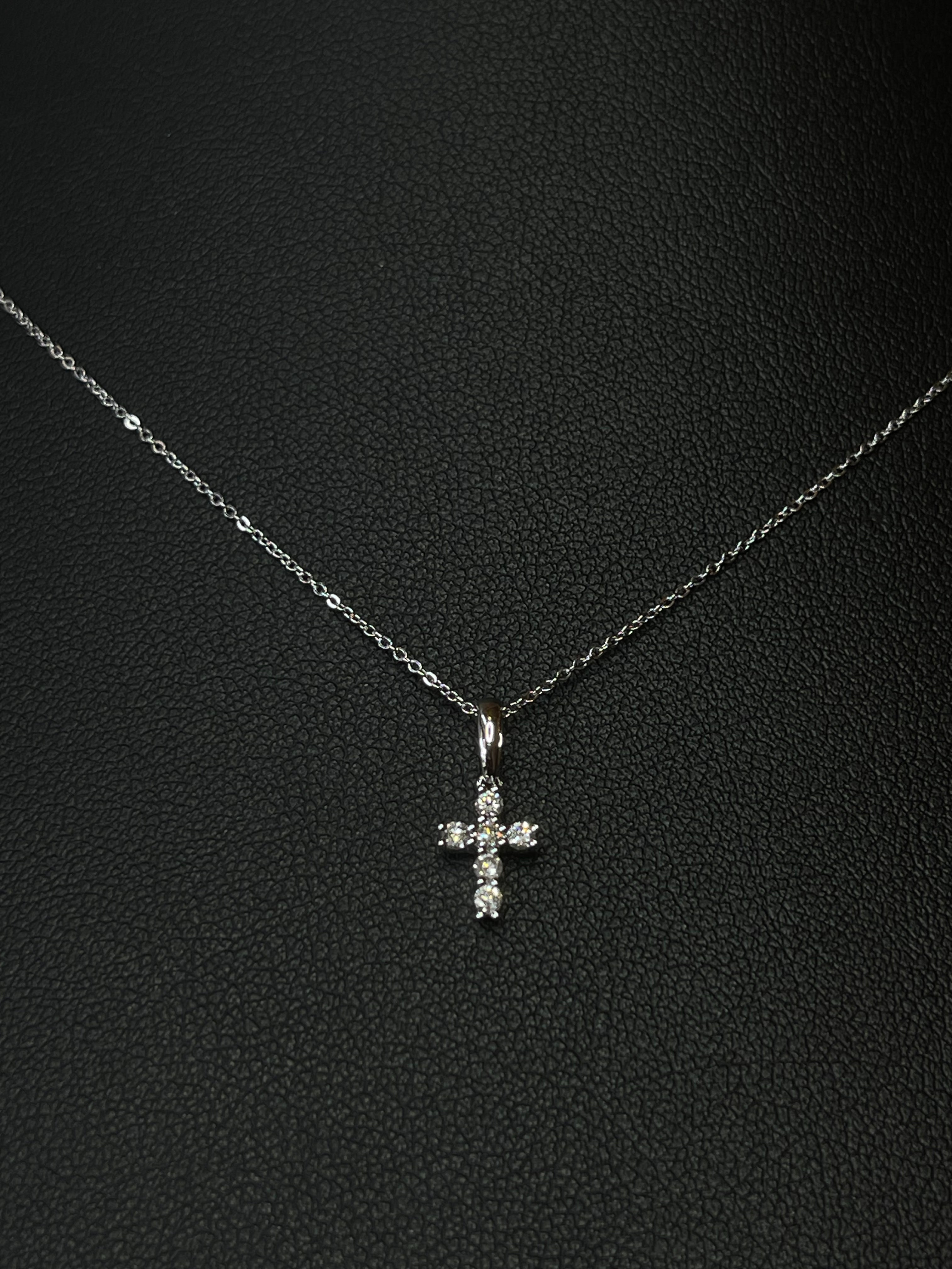 Dainty Mini Diamond Cross Necklace in 14k White Gold