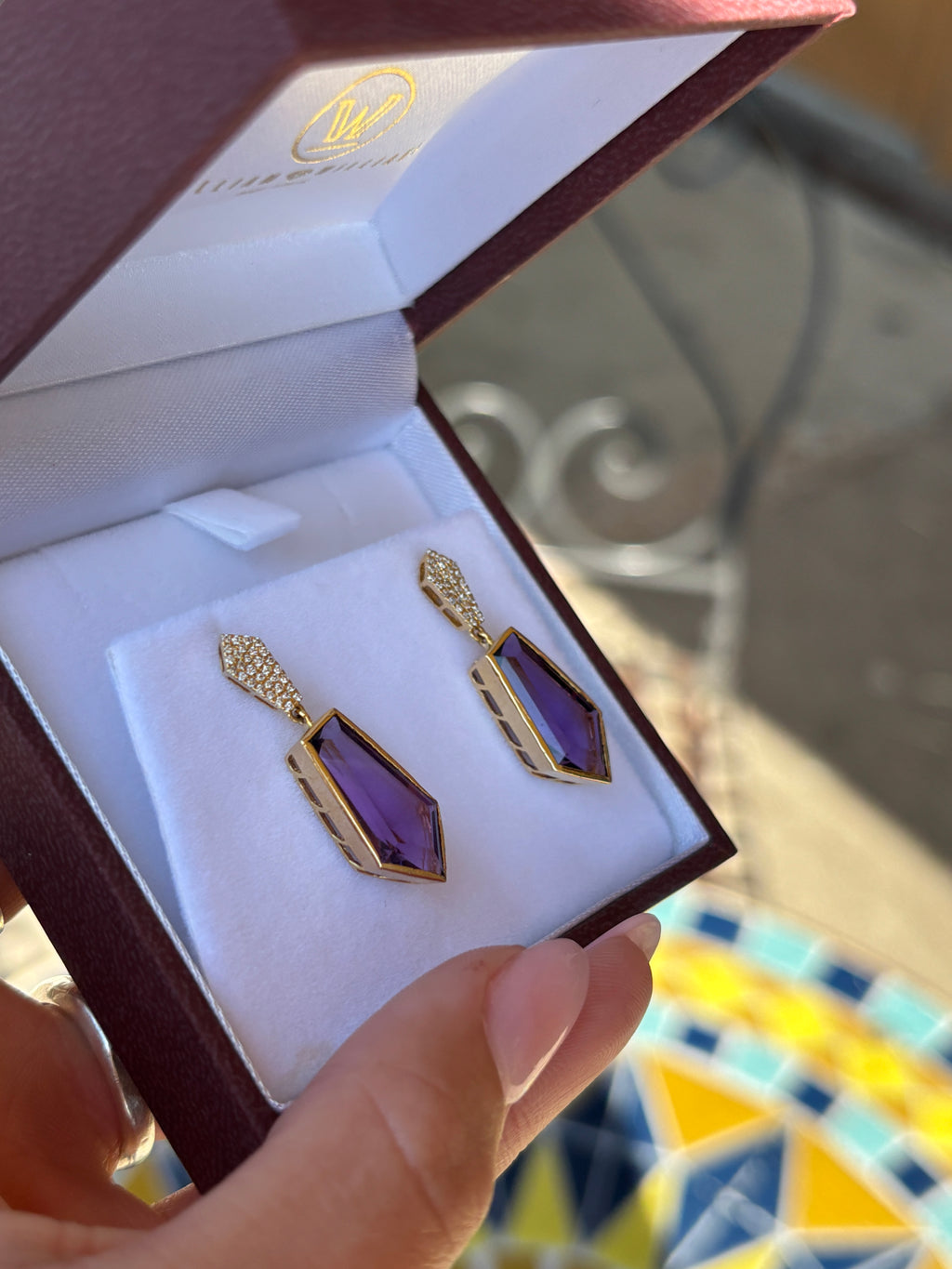 18K Yellow Gold Purple Amethyst and Diamond Drop Earrings