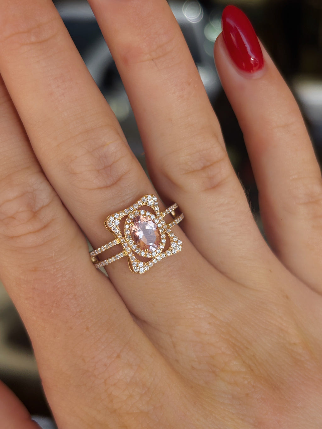 18K Yellow Gold Morganite and Diamond Double Band Halo Ring
