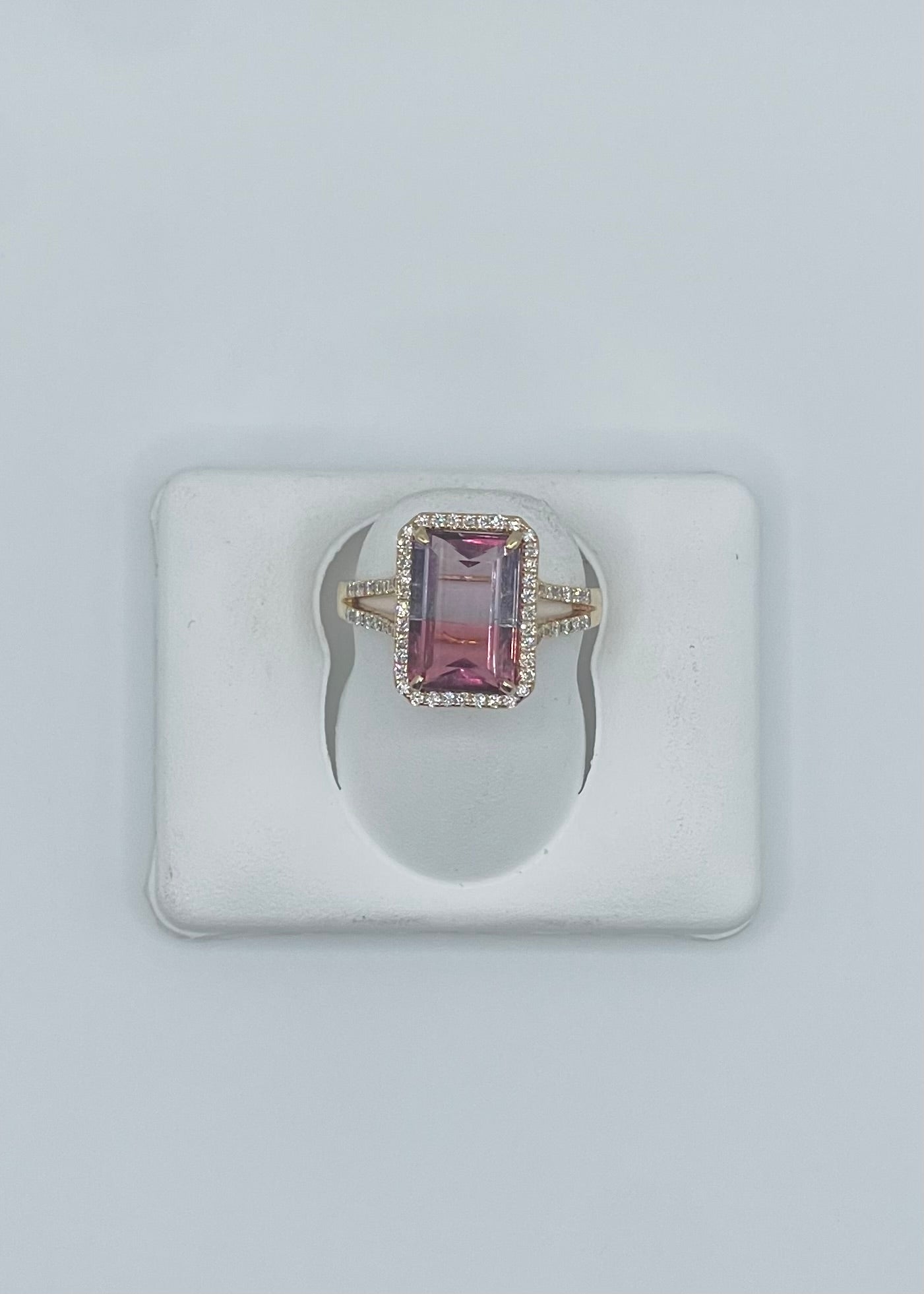 18k Yellow Gold Pink and Lavender Bi-Color Tourmaline & Diamond Ring, Size 7