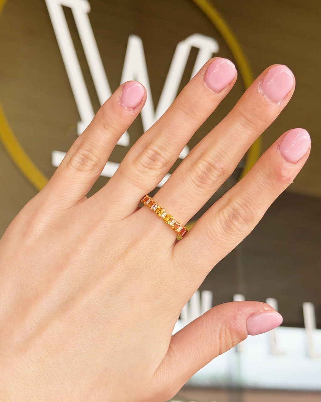 18K Yellow Gold Ombre Yellow–Orange Sapphire & Diamond Eternity Ring