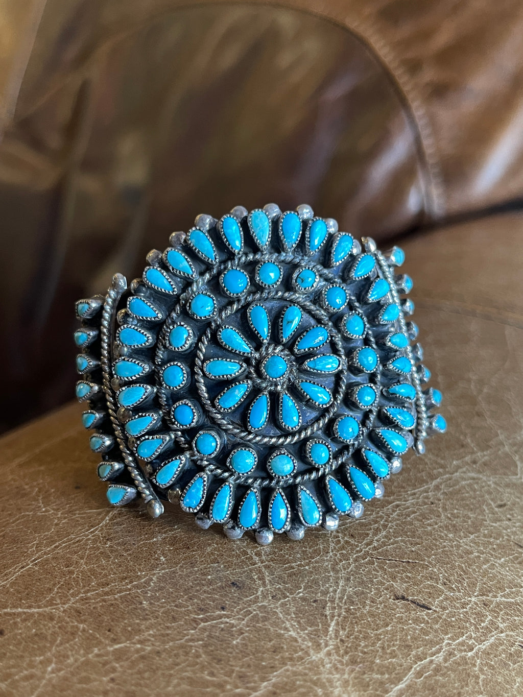 Vintage Navajo JMB Signed Sterling Silver Cuff Bracelet with 74 Turquoise Stones