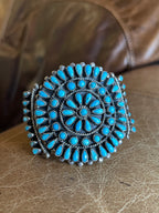 Vintage Navajo JMB Signed Sterling Silver Cuff Bracelet with 74 Turquoise Stones