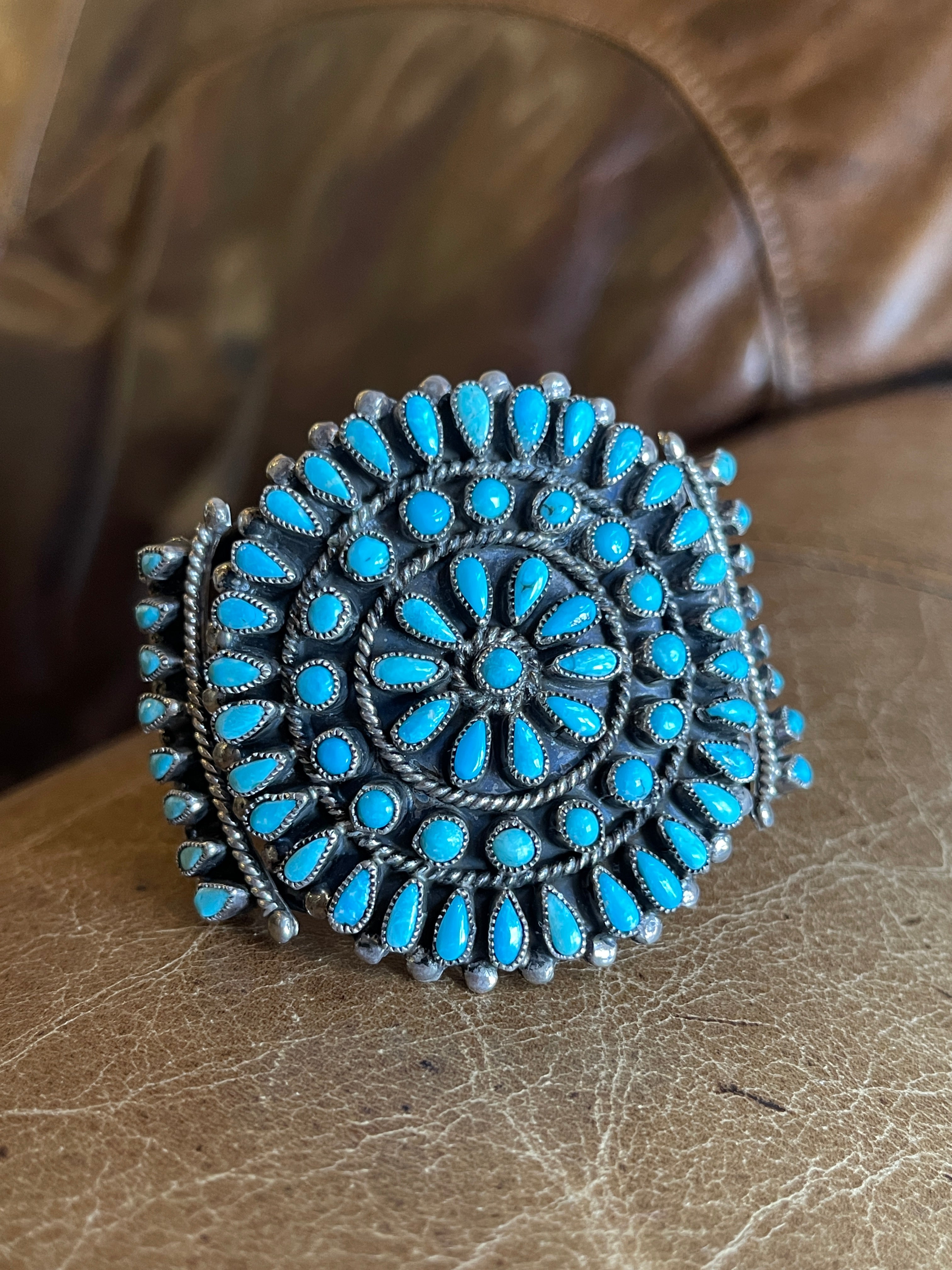 Vintage Navajo JMB Signed Sterling Silver Cuff Bracelet with 74 Turquoise Stones