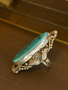 Vintage Navajo LCJ Signed Turquoise Ring with Scroll and Leaf Motifs