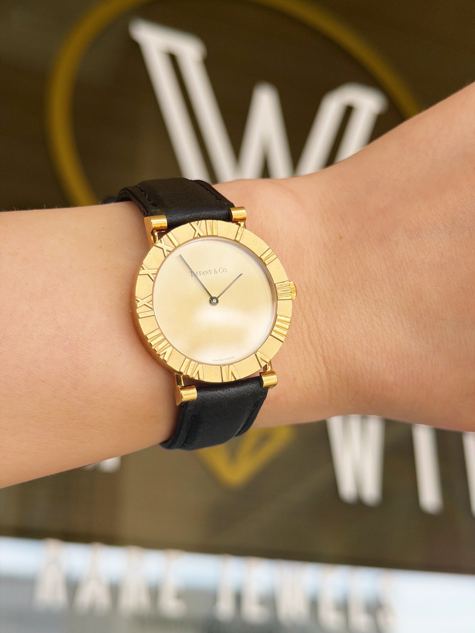 Tiffany & Co. Solid 18K Gold Dress Watch on Noir Leather