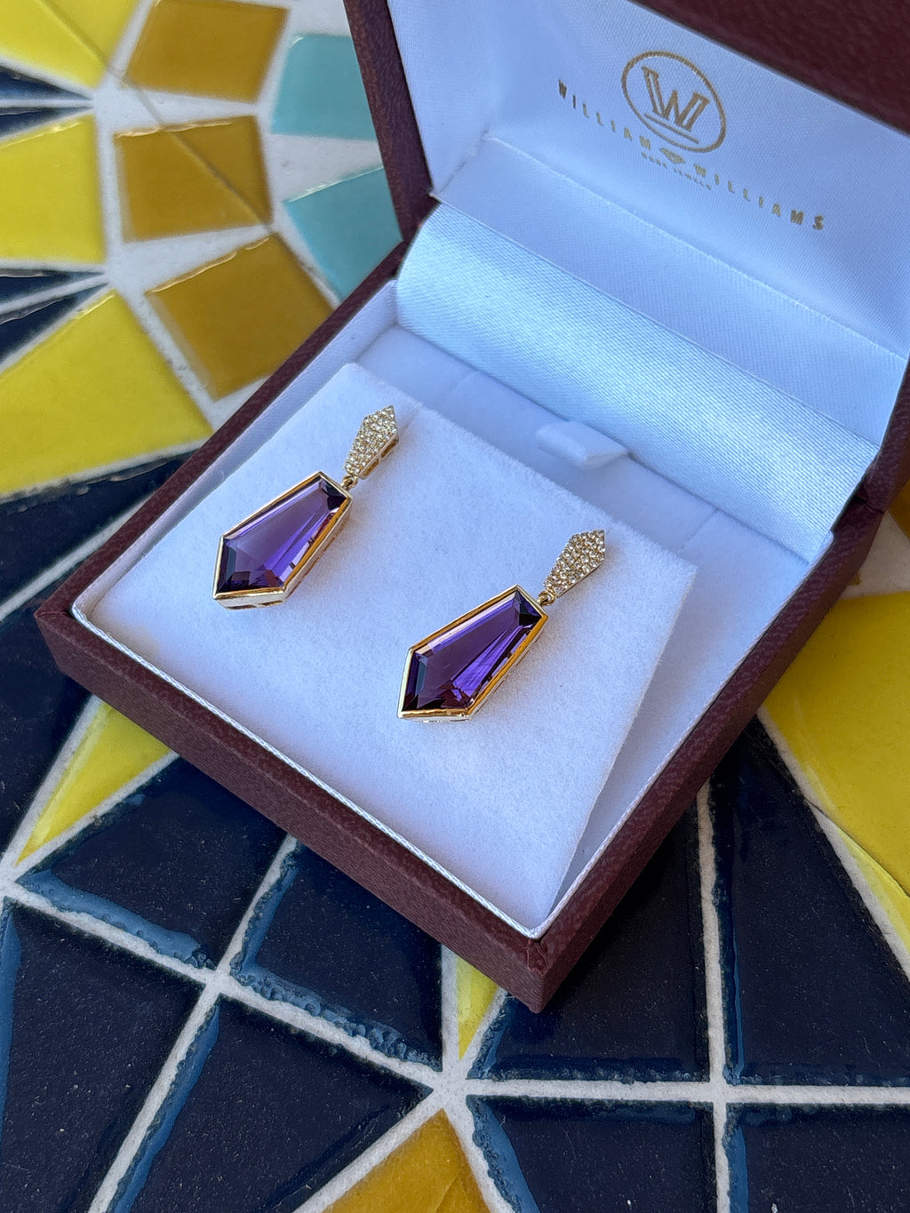 18K Yellow Gold Purple Amethyst and Diamond Drop Earrings