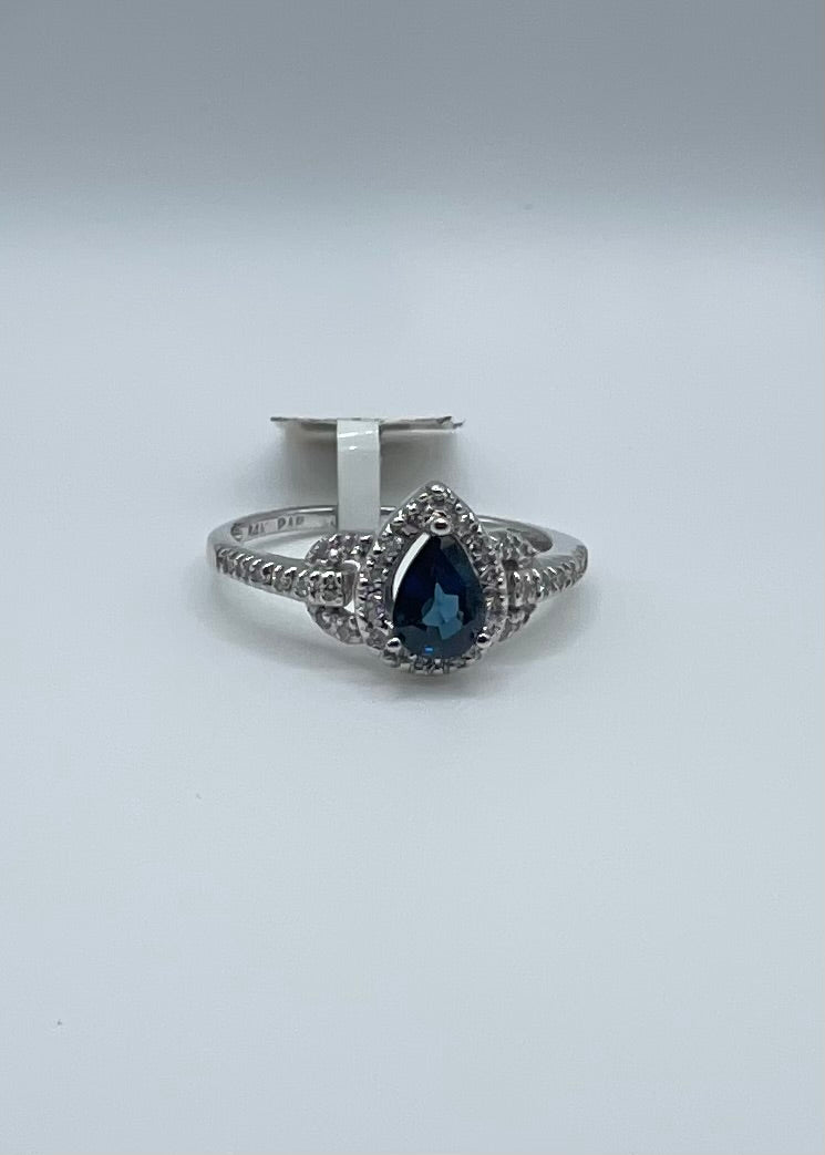 14k White Gold Pear Shape Sapphire and Diamond Halo Ring