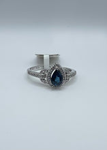 Load image into Gallery viewer, 14k White Gold Pear Shape Sapphire and Diamond Halo Ring
