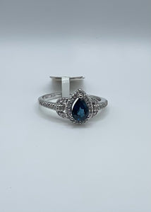 14k White Gold Pear Shape Sapphire and Diamond Halo Ring