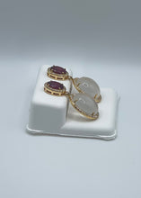 Load image into Gallery viewer, 10k Yellow Gold Garnet, Moonstone, and Diamond Dangle Earrings
