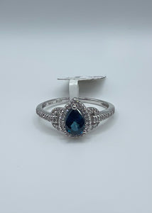 14k White Gold Pear Shape Sapphire and Diamond Halo Ring