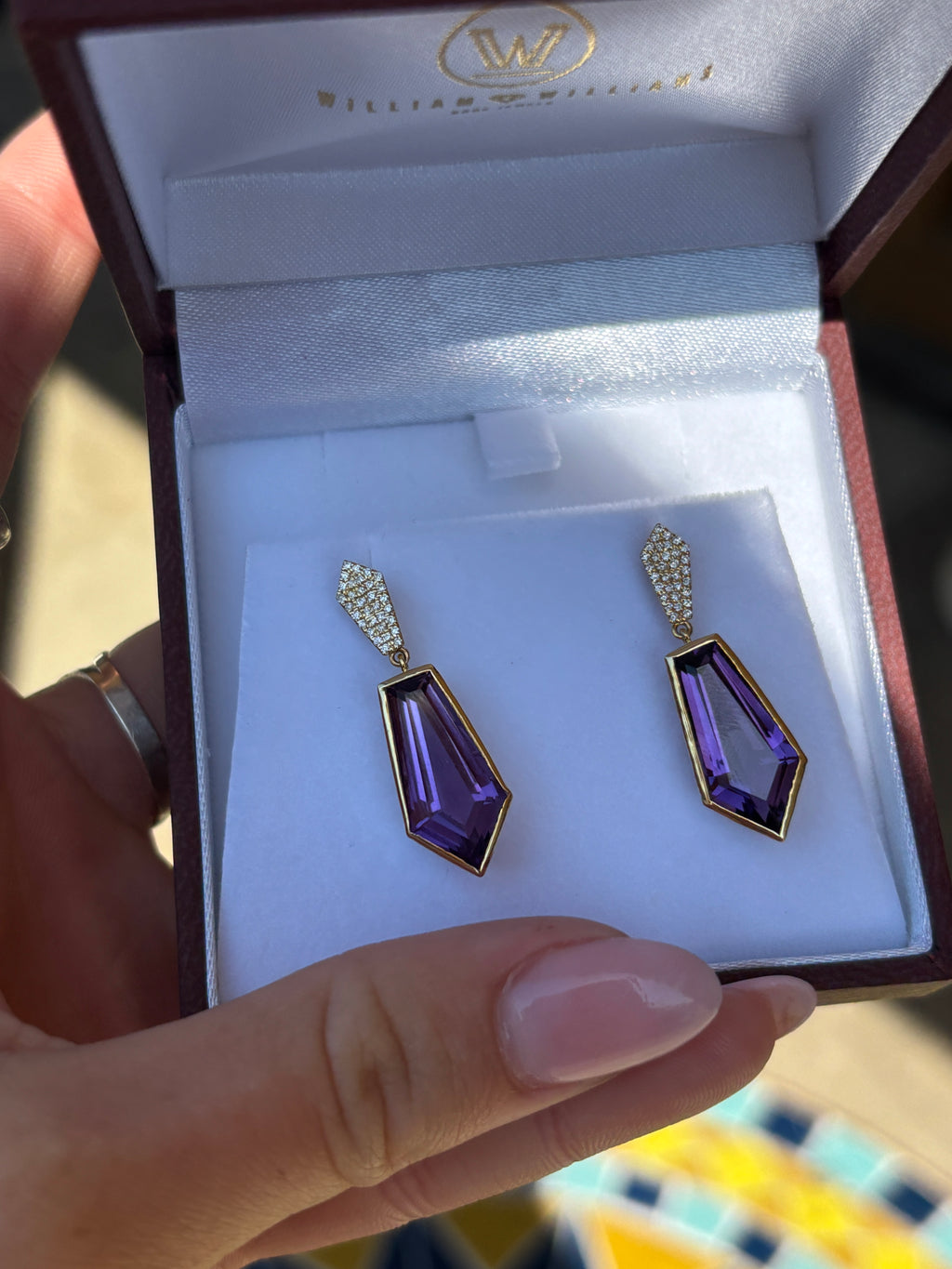 18K Yellow Gold Purple Amethyst and Diamond Drop Earrings