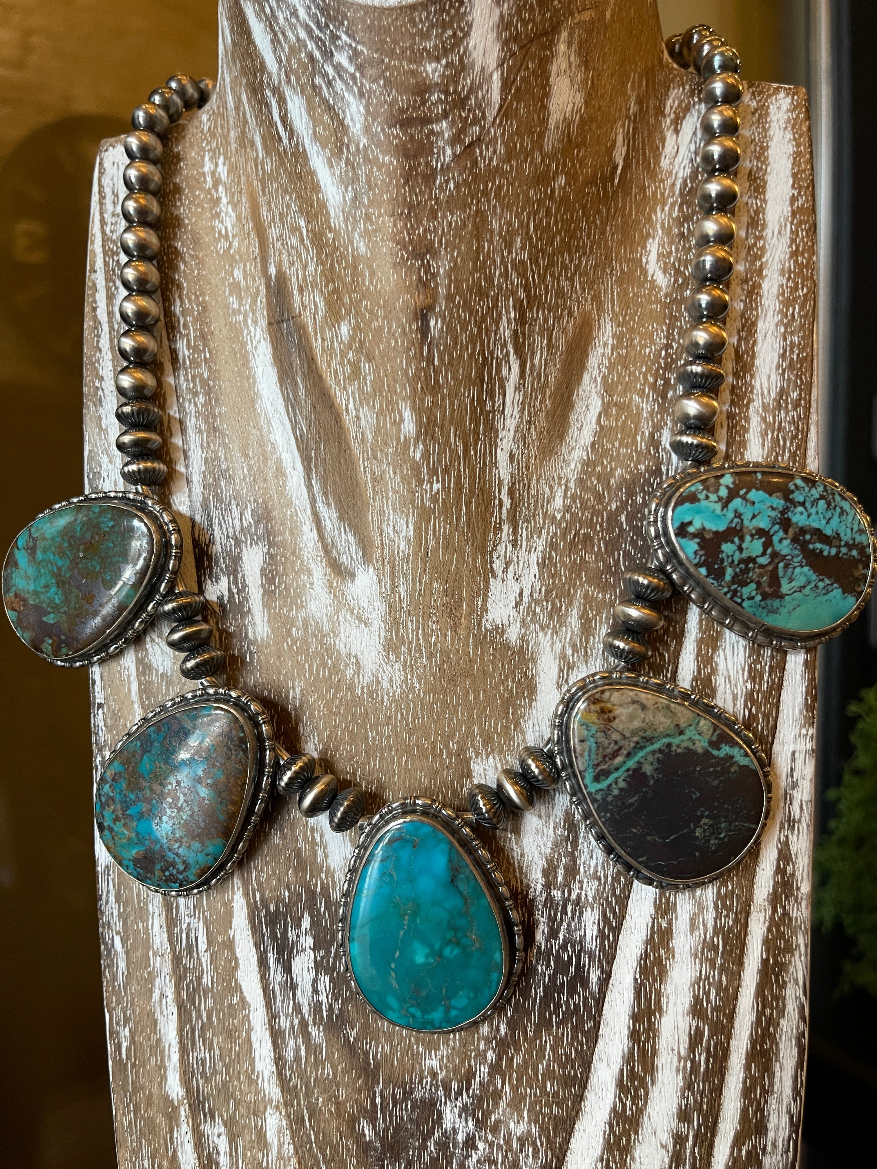 Handcrafted EMT Signed  5-Stone Turquoise and Navajo Pearl Necklace