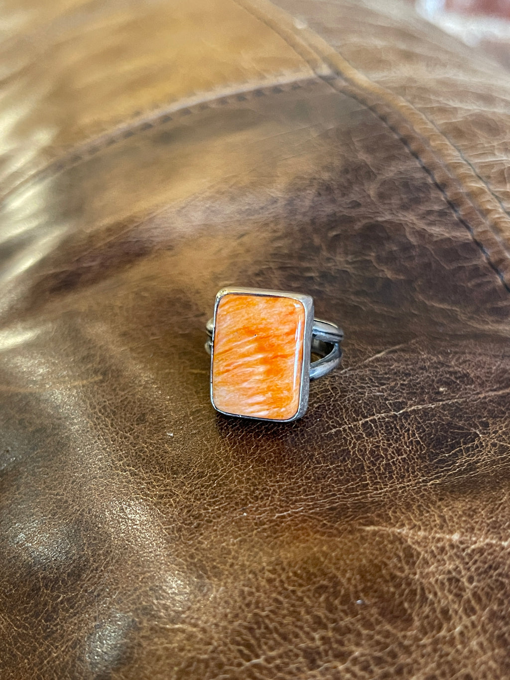EMT Signed Native American Orange Spiny Oyster Rectangle Sterling Silver Ring, Size 7