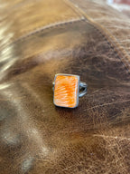 EMT Signed Native American Orange Spiny Oyster Rectangle Sterling Silver Ring, Size 7