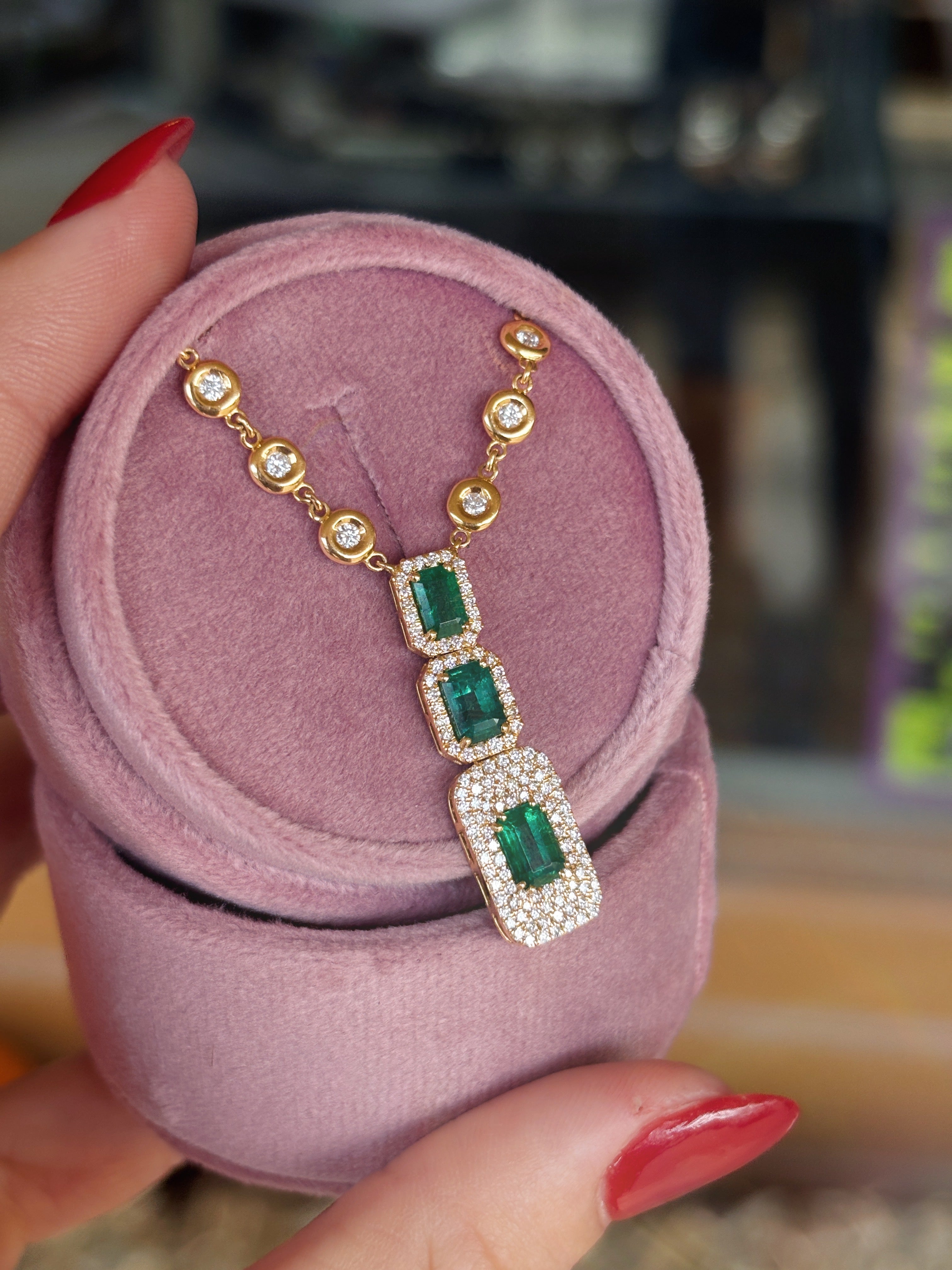 18K Yellow Gold Emerald Drop Halo Necklace