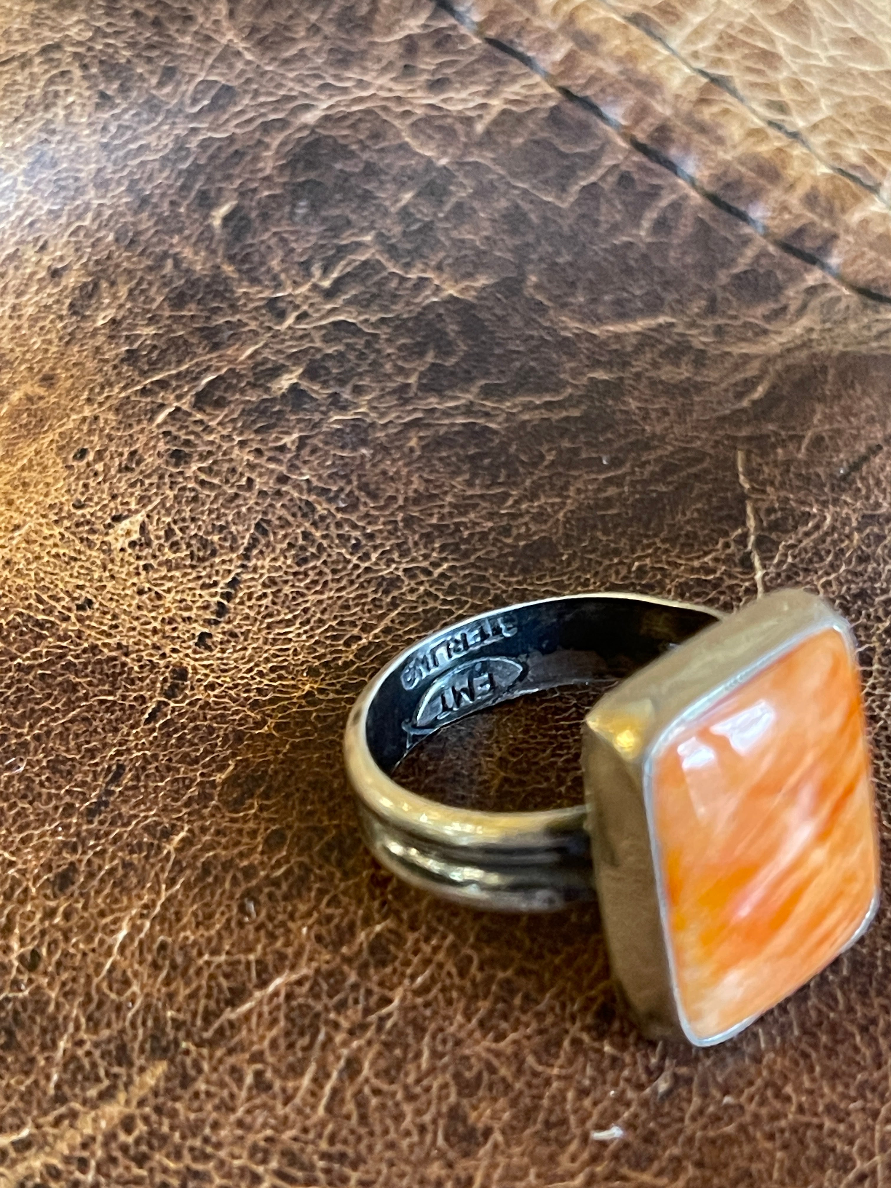 EMT Signed Native American Orange Spiny Oyster Rectangle Sterling Silver Ring, Size 7