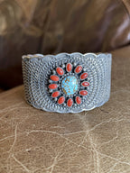 Native American Navajo Handcrafted Sterling Silver Cuff Bracelet with Red Coral and Turquoise