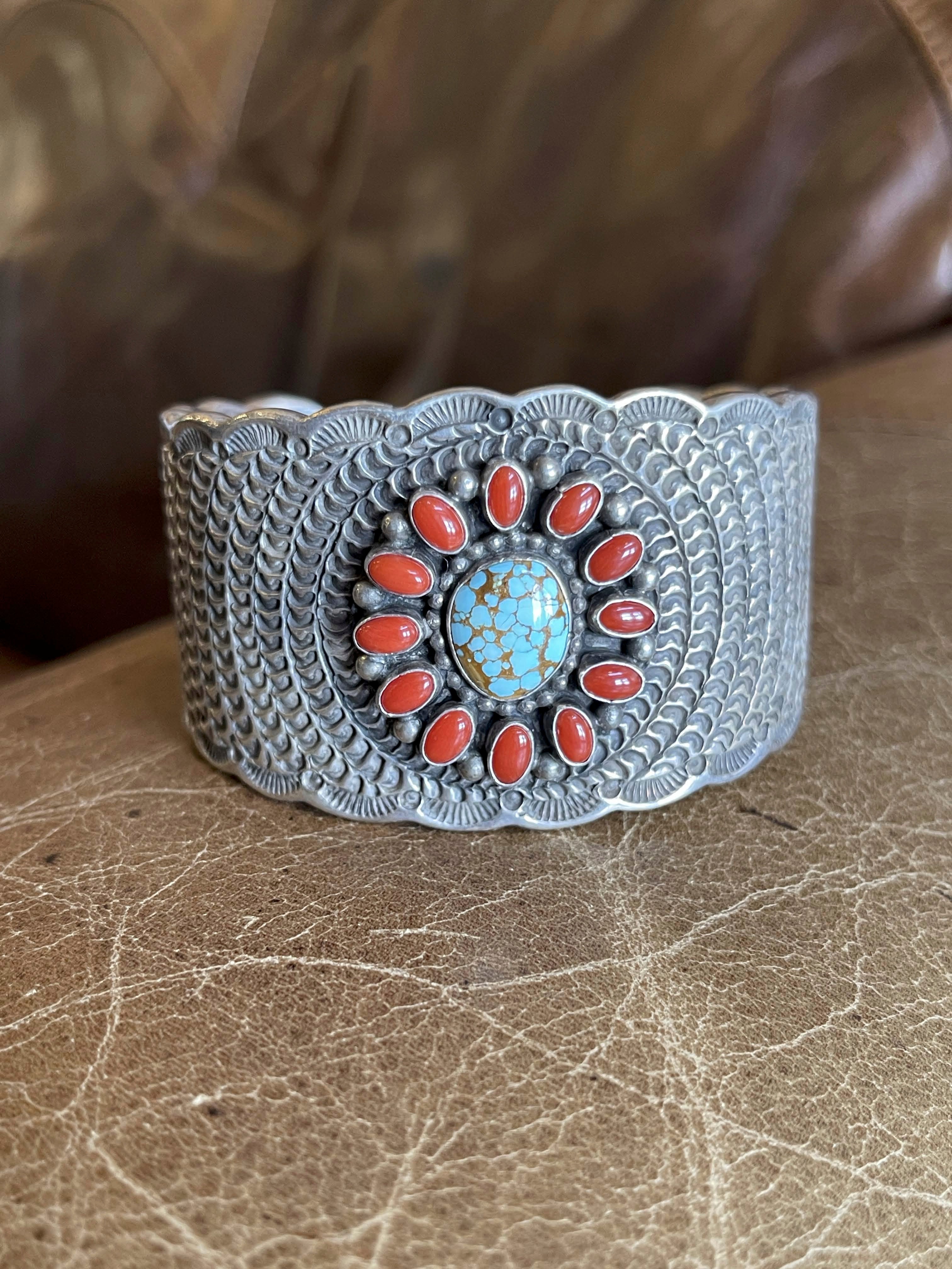 Native American Navajo Handcrafted Sterling Silver Cuff Bracelet with Red Coral and Turquoise