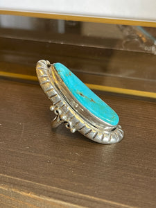 Vintage Navajo LCJ Signed Turquoise Ring with Scroll and Leaf Motifs