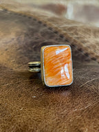 EMT Signed Native American Orange Spiny Oyster Rectangle Sterling Silver Ring, Size 7