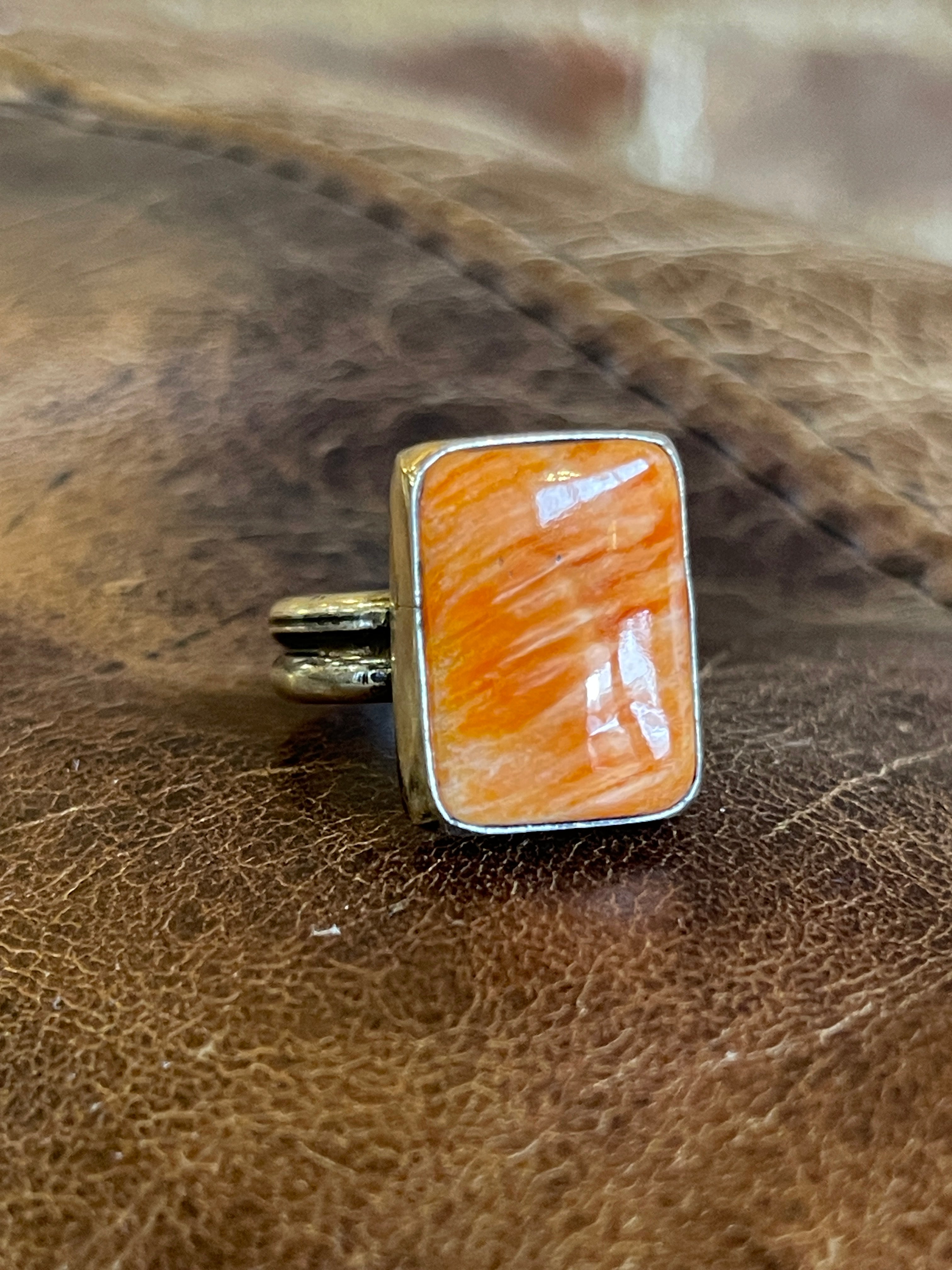EMT Signed Native American Orange Spiny Oyster Rectangle Sterling Silver Ring, Size 7
