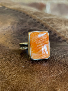 EMT Signed Native American Orange Spiny Oyster Rectangle Sterling Silver Ring, Size 7
