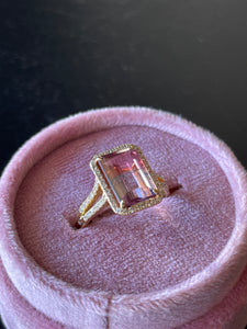 18k Yellow Gold Pink and Lavender Bi-Color Tourmaline & Diamond Ring, Size 7