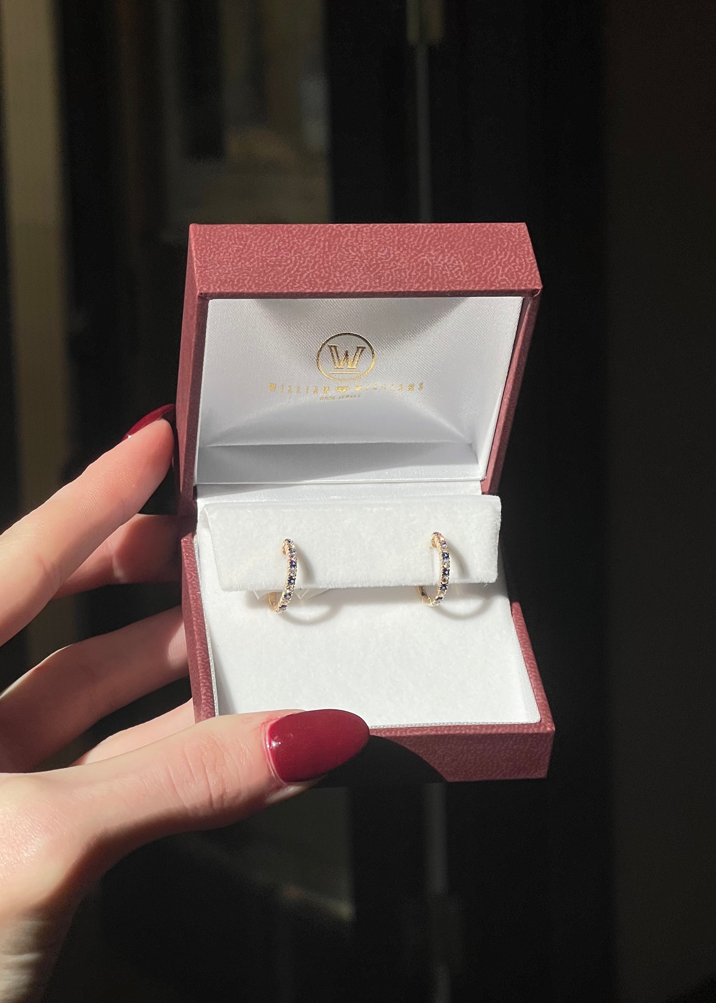 14k Yellow Gold Alternating Diamond and Blue Sapphire Huggie Earrings