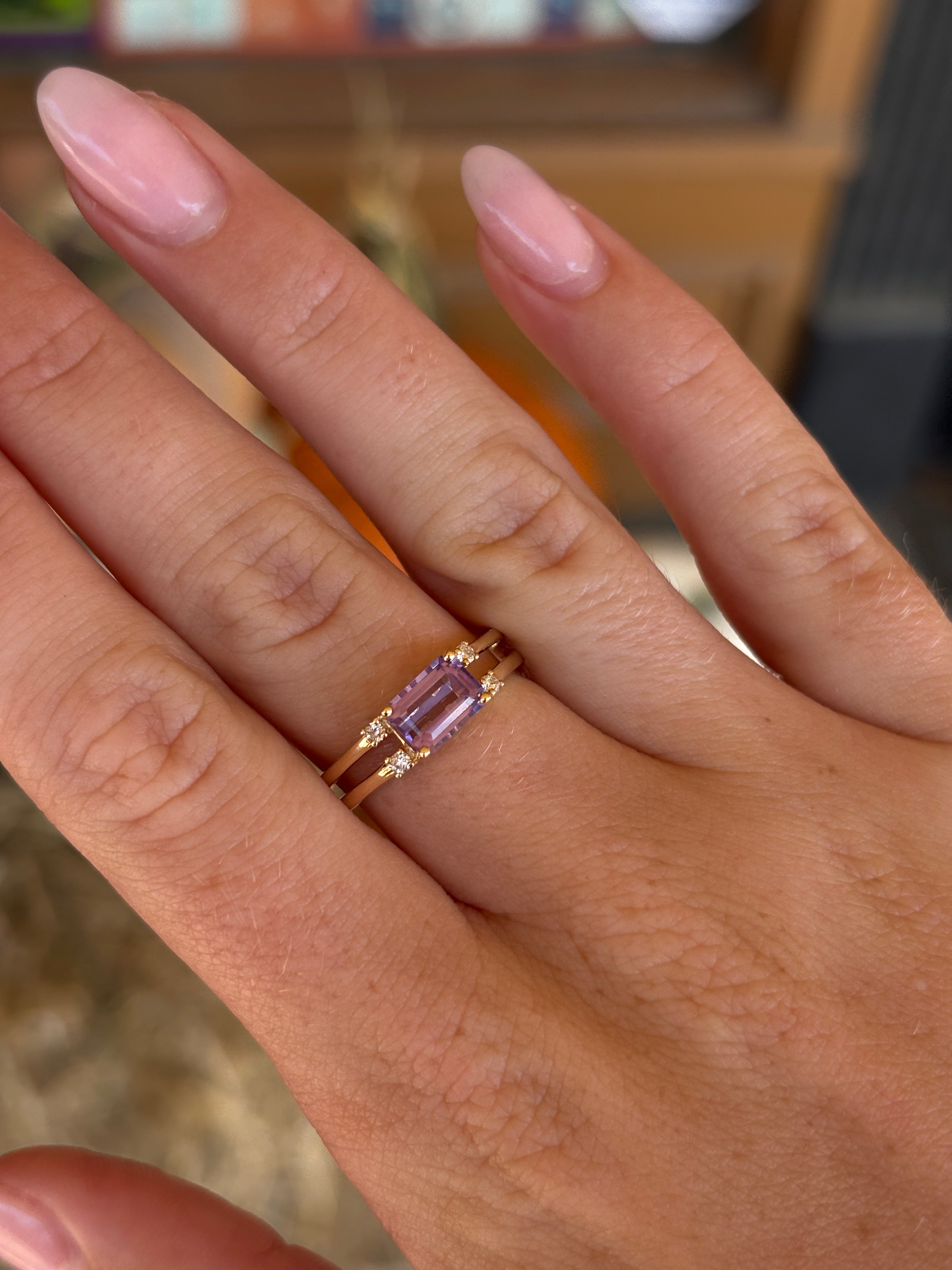 14K Yellow Gold Amethyst Split Band Ring with Diamond Accent