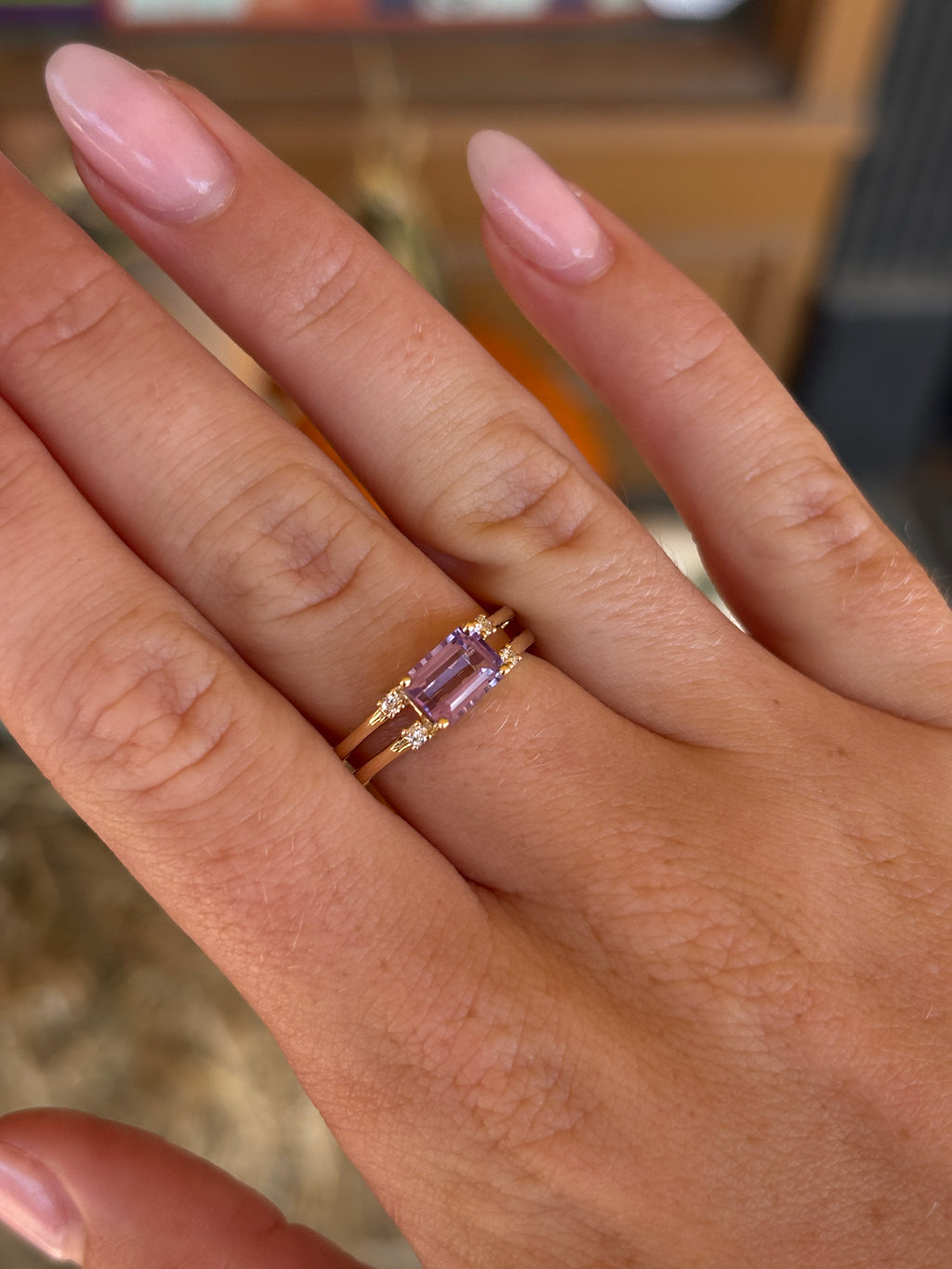 14K Yellow Gold Amethyst Split Band Ring with Diamond Accent