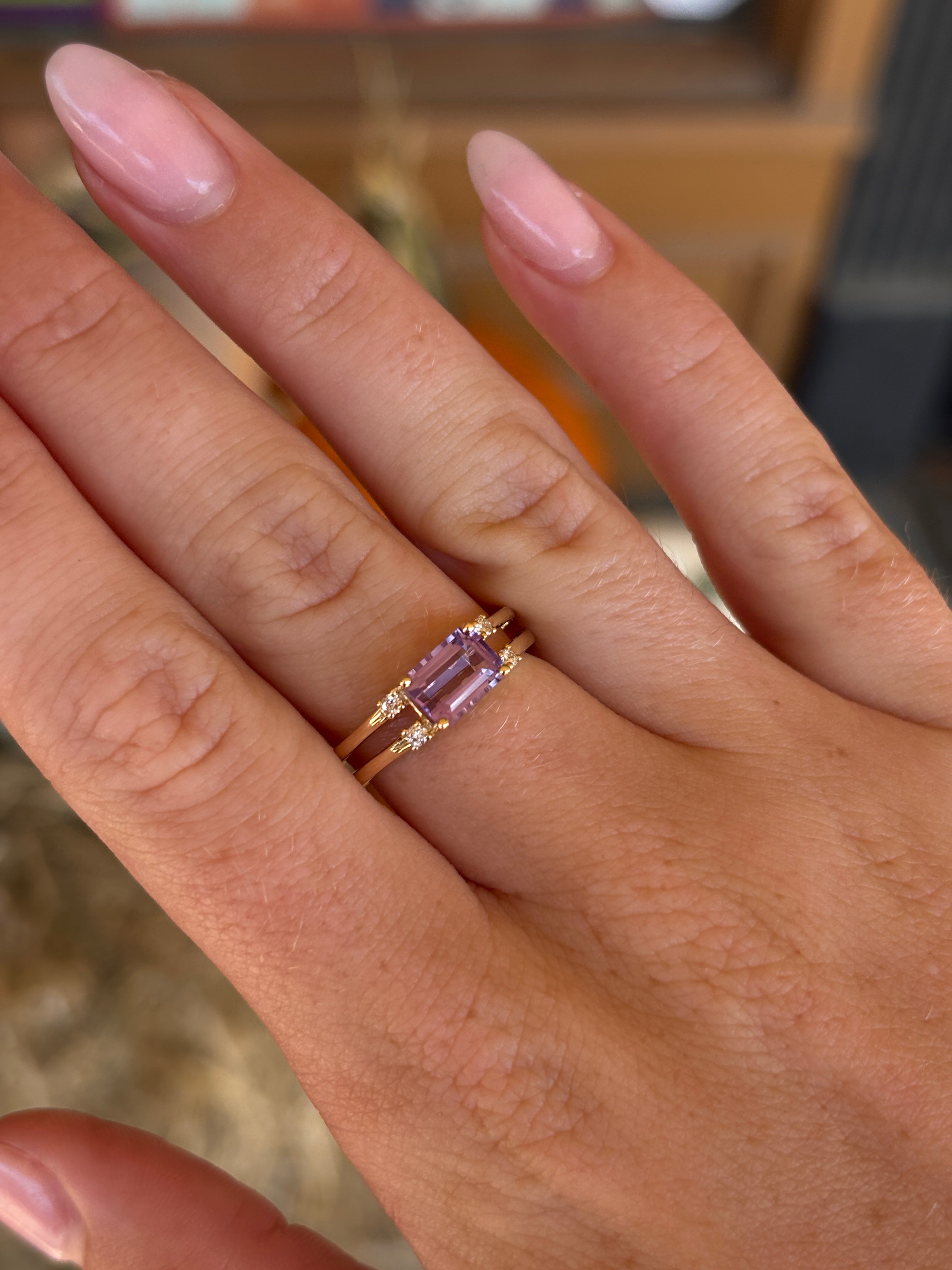 14K Yellow Gold Amethyst Split Band Ring with Diamond Accent