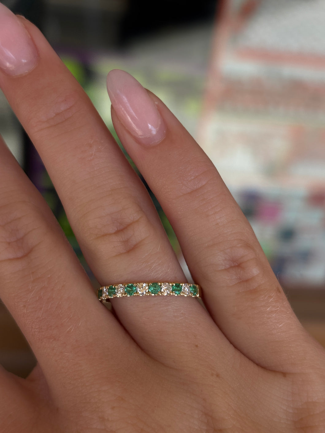 14K Yellow Gold Emerald and Diamond Stackable Ring