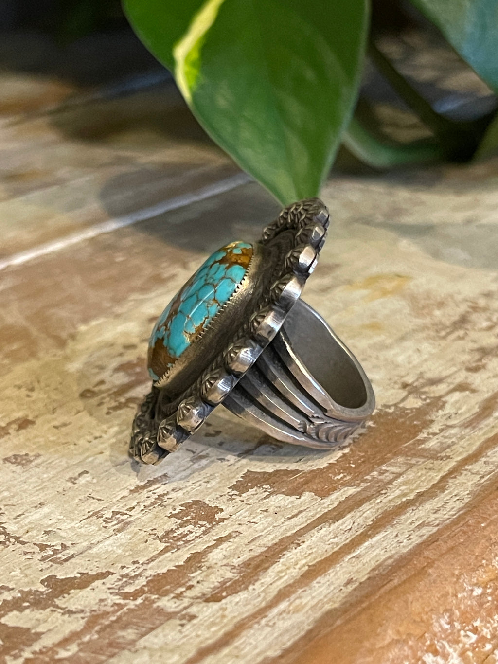 Calvin Martinez Navajo Handmade Sterling Silver Royston Turquoise Ring, Size 8