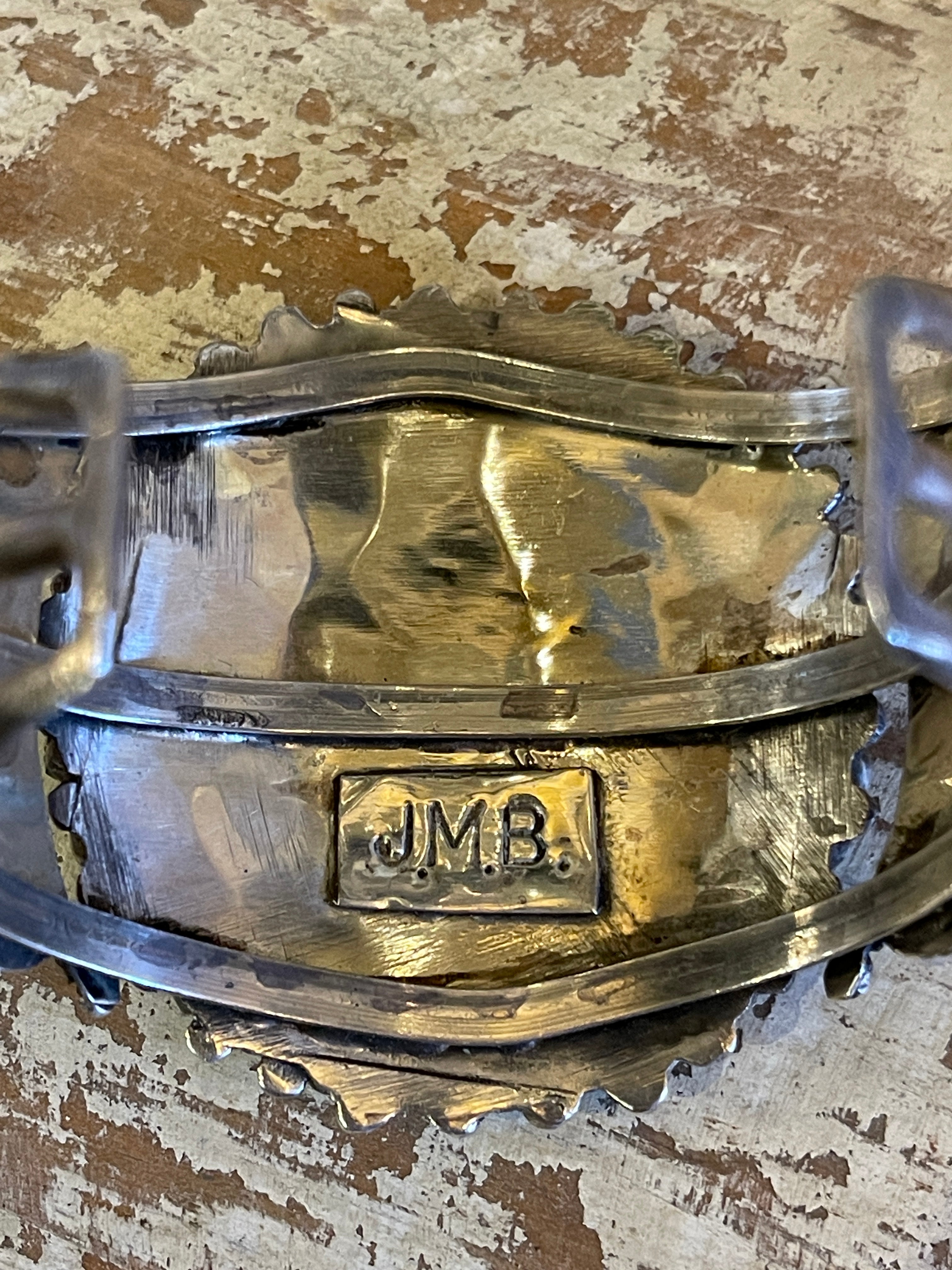 Vintage Navajo JMB Signed Sterling Silver Cuff Bracelet with 74 Turquoise Stones