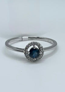 14k White Gold Round Sapphire and Diamond Halo Ring