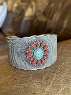 Native American Navajo Handcrafted Sterling Silver Cuff Bracelet with Red Coral and Turquoise
