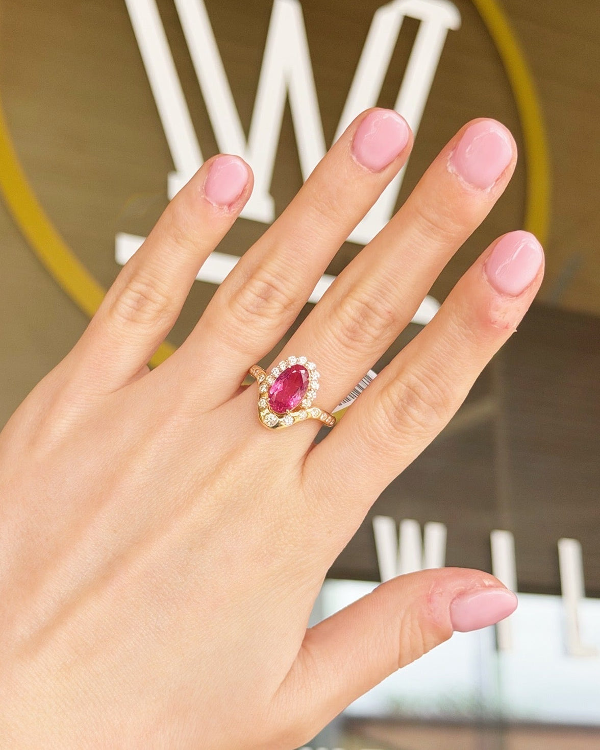 18K Yellow Gold Oval Pink Tourmaline & Diamond Halo Ring