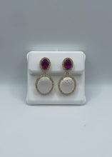 Load image into Gallery viewer, 10k Yellow Gold Garnet, Moonstone, and Diamond Dangle Earrings
