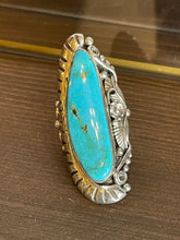 Load image into Gallery viewer, Vintage Navajo LCJ Signed Turquoise Ring with Scroll and Leaf Motifs
