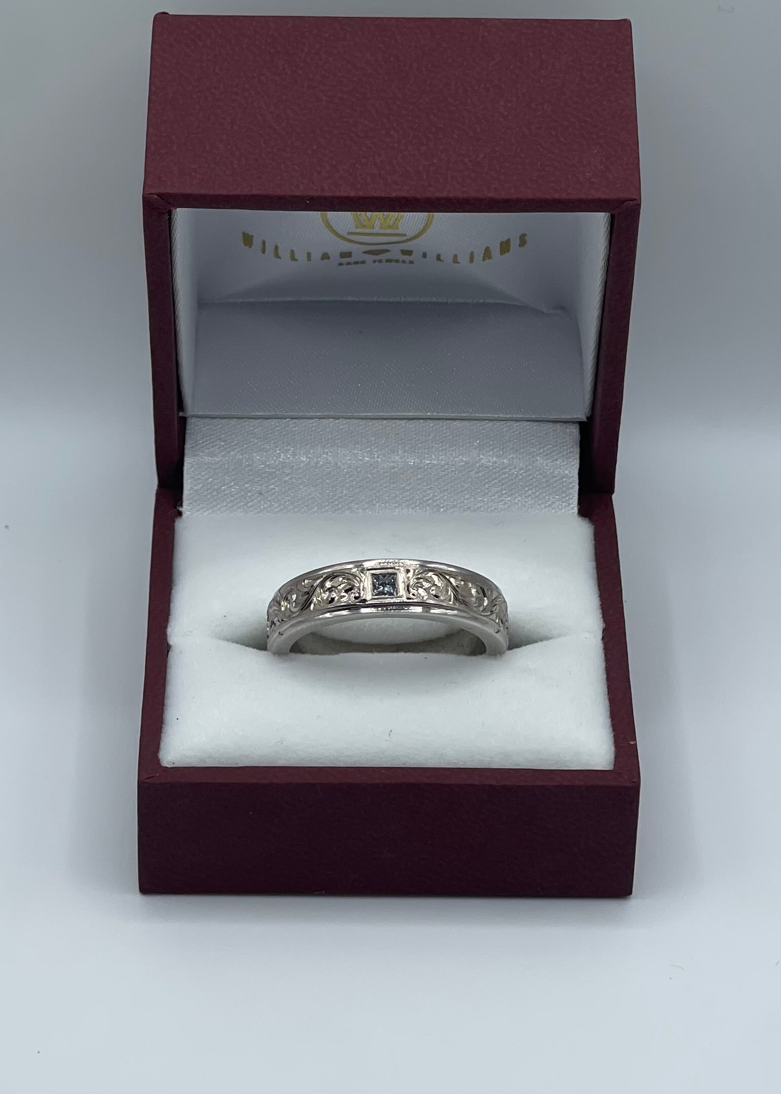Hand Engraved Scroll Pattern Men's Diamond Ring/Wedding Band in 14k White Gold