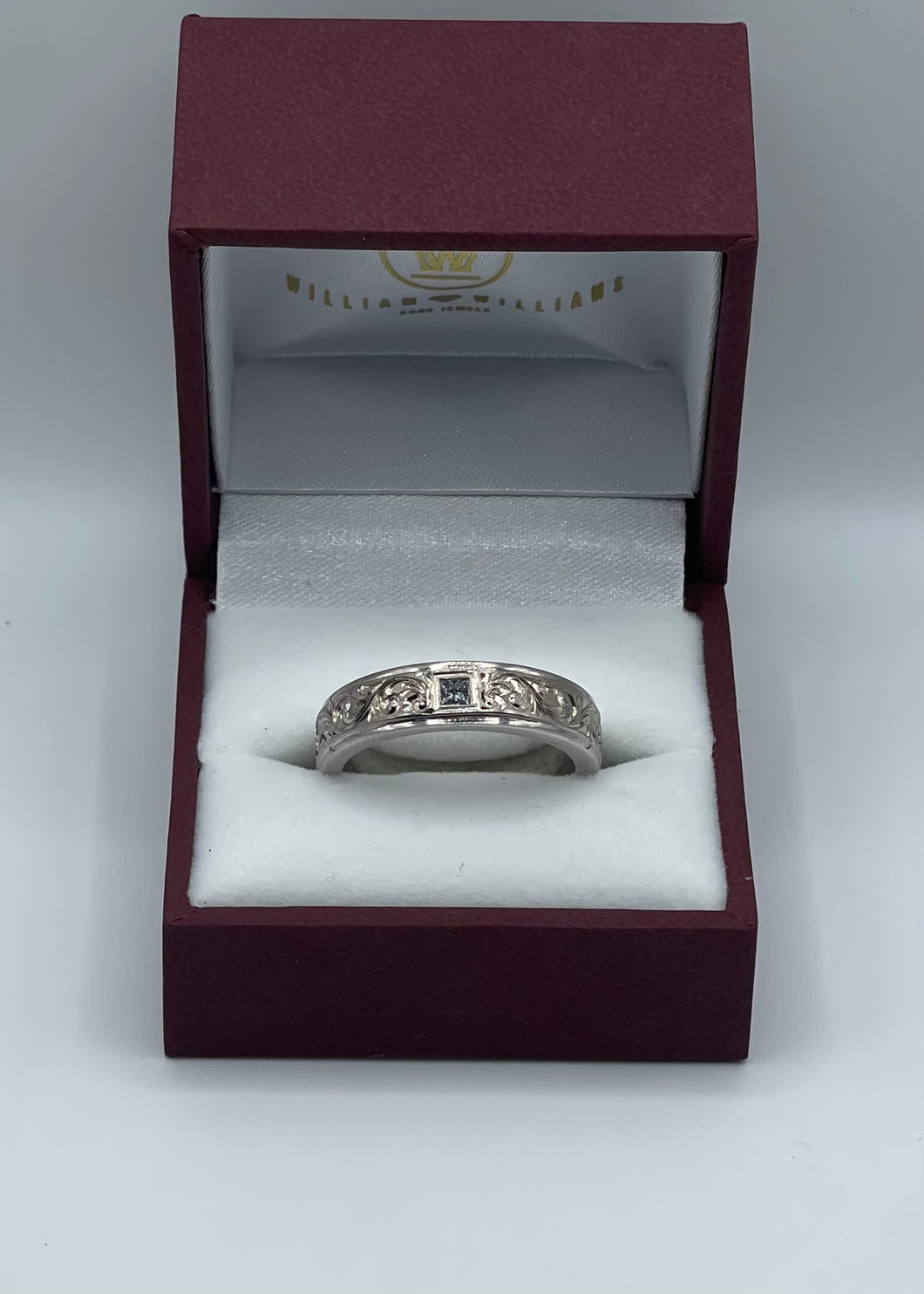 Hand Engraved Scroll Pattern Men's Diamond Ring/Wedding Band in 14k White Gold